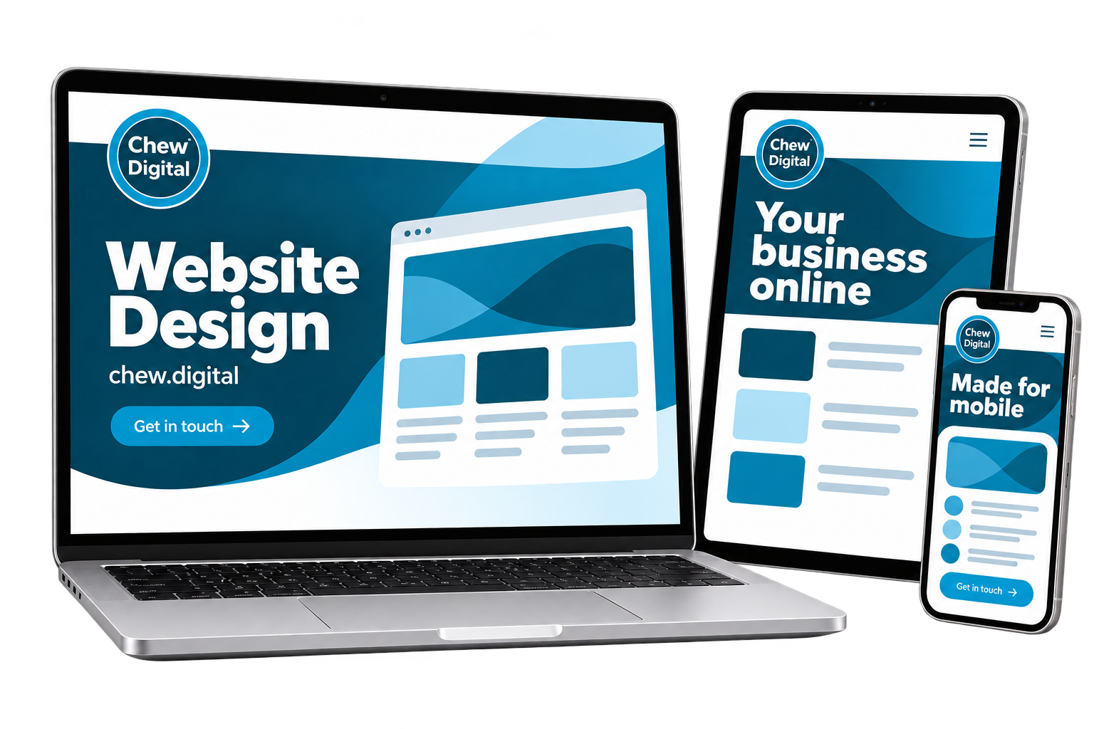 Chew Digital&reg; website design mockup across laptop, tablet and mobile